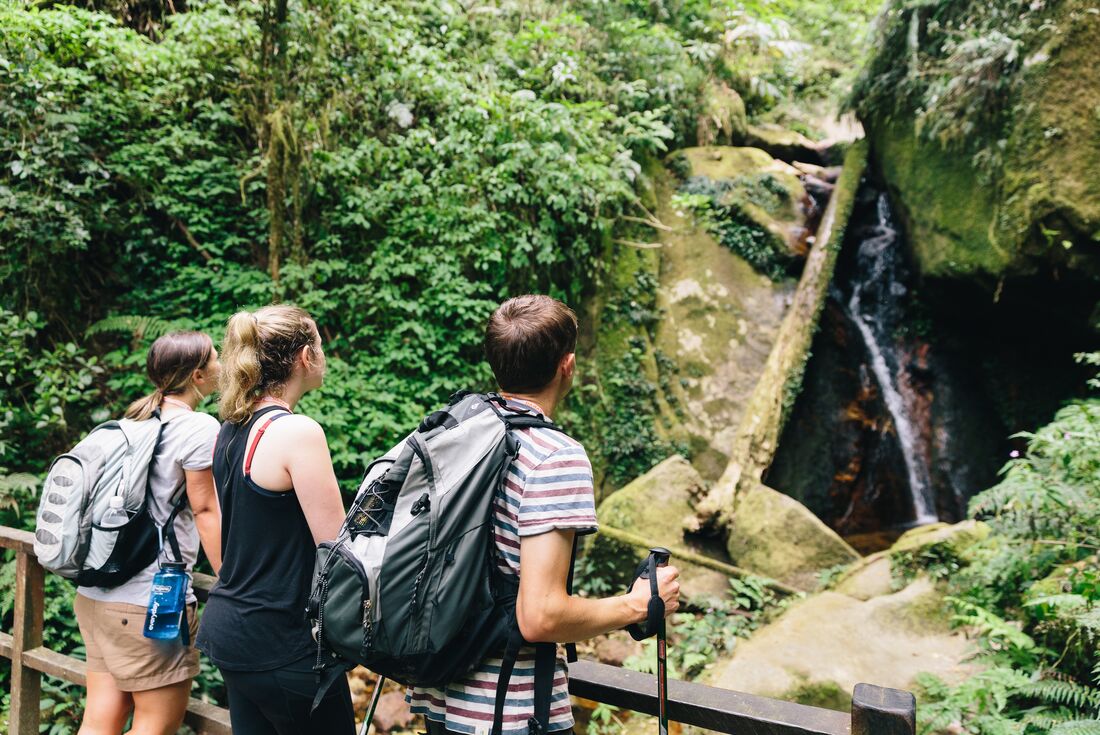 Three travellers stopping at a lush lookout with a small waterfall in Mount Kinabalu National Park, Borneo
