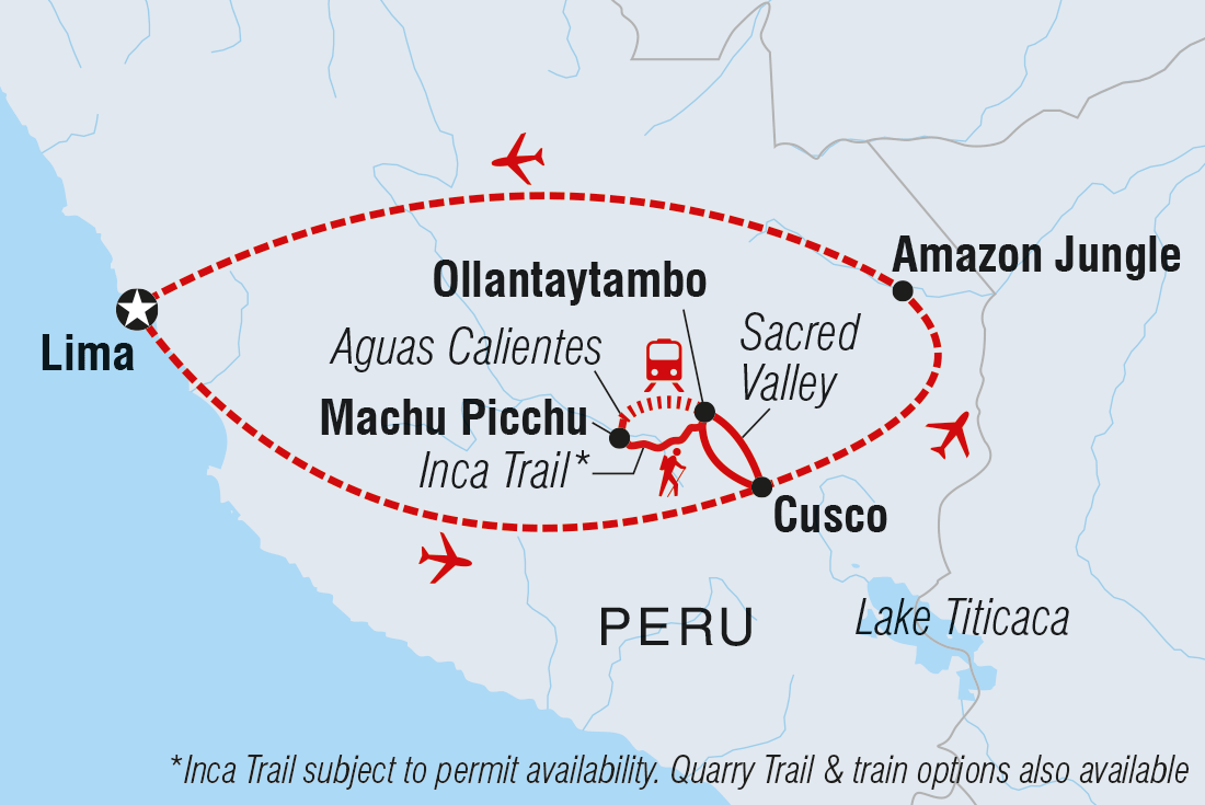 Map of Inca Trail & Amazon Adventure including Peru