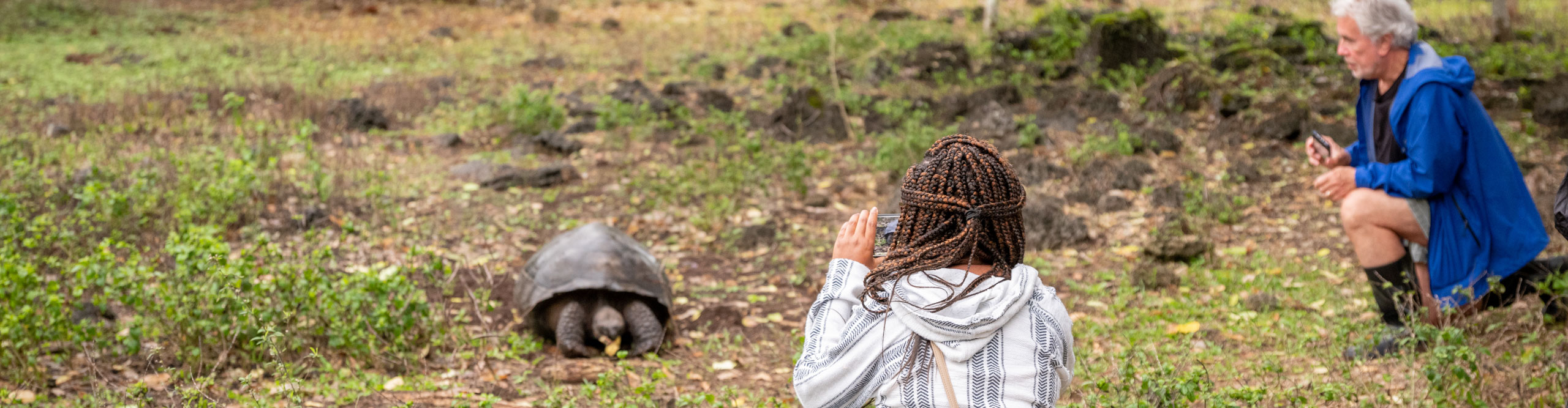 Woman taking pictures of a giant tortoise with her mobile phone in the Galapagos Islands, Ecuador