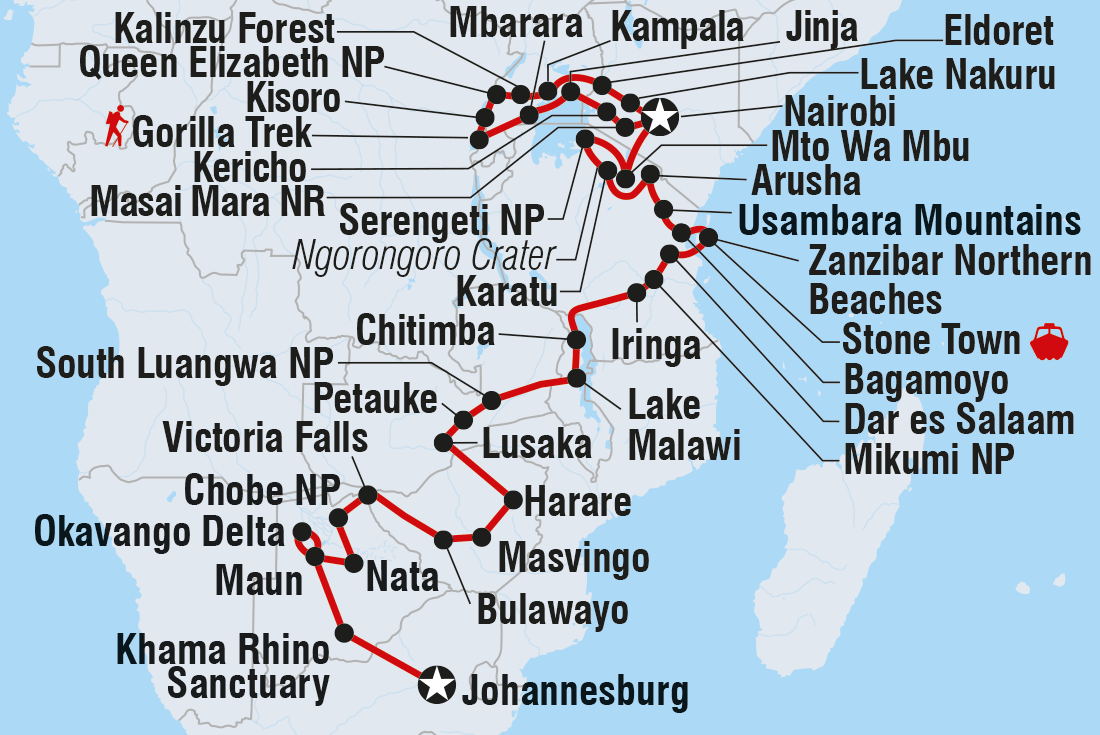 Map of Johannesburg To Gorillas including Botswana, Kenya, Malawi, South Africa, Tanzania, United Republic Of, Uganda, Zambia and Zimbabwe