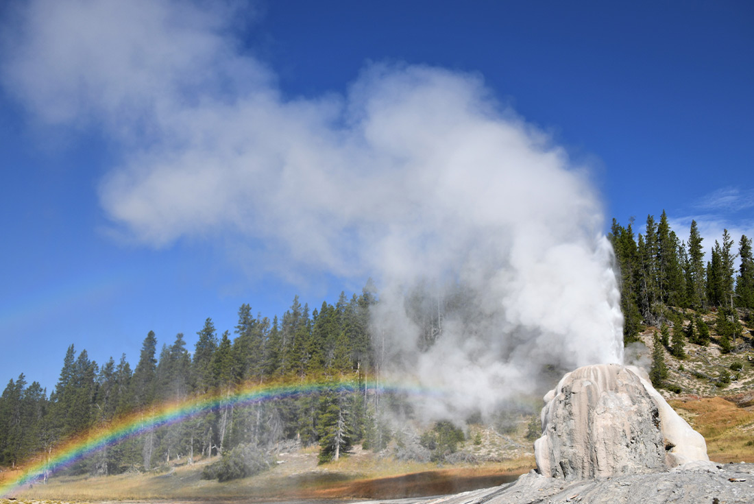 The Lonestar Geyser erupting with a rainbow in Yellowstone National Park, Wyoming, U.S.A.