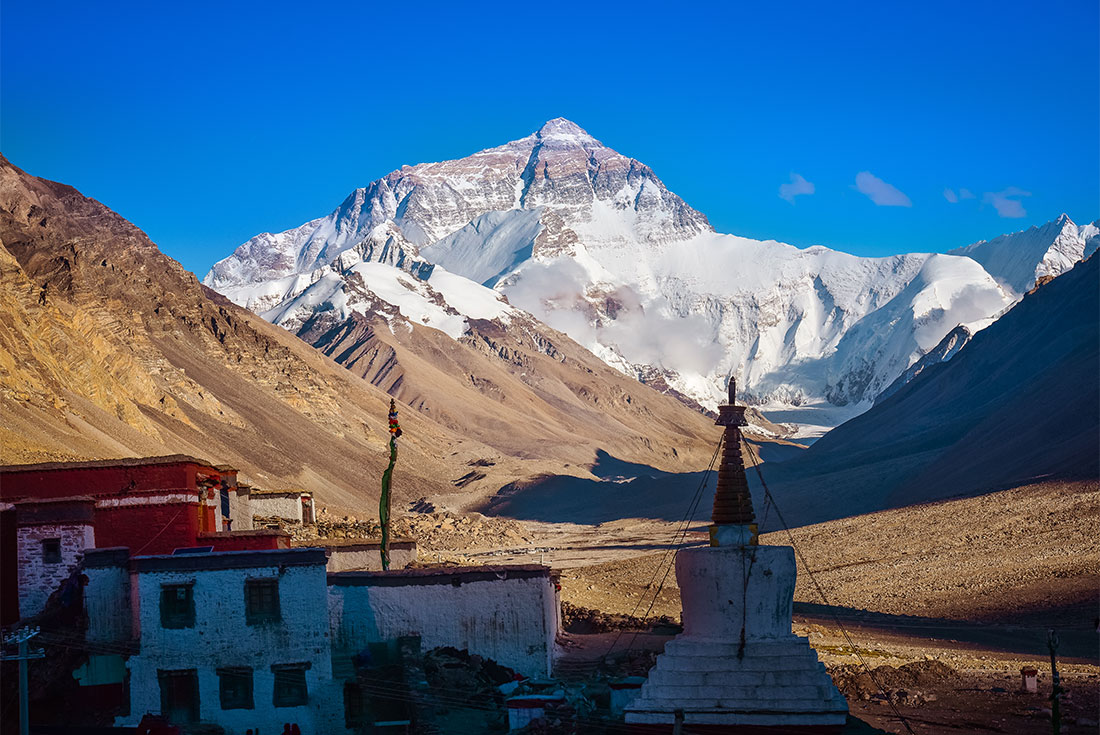 Mount Everest's North Face as seen from Ronbuk Monastery in the Dzakar Chu Valley in Tibet