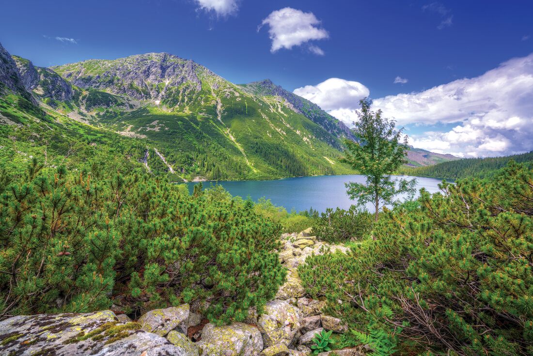 A wide shot of the Eye of the Sea Lake in the distance, with the Tatra Mountains on the left of the shot
