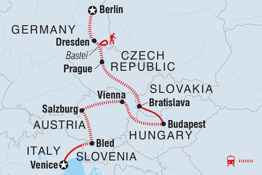 Map of Berlin To Venice including Austria, Czech Republic, Germany, Hungary, Italy, Slovakia and Slovenia