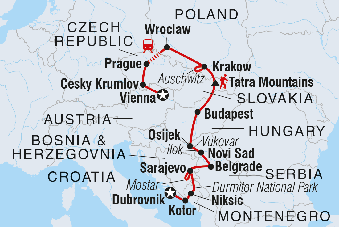 Map of Vienna To Dubrovnik including Austria, Bosnia And Herzegovina, Croatia, Czech Republic, Hungary, Montenegro, Poland, Serbia and Slovakia