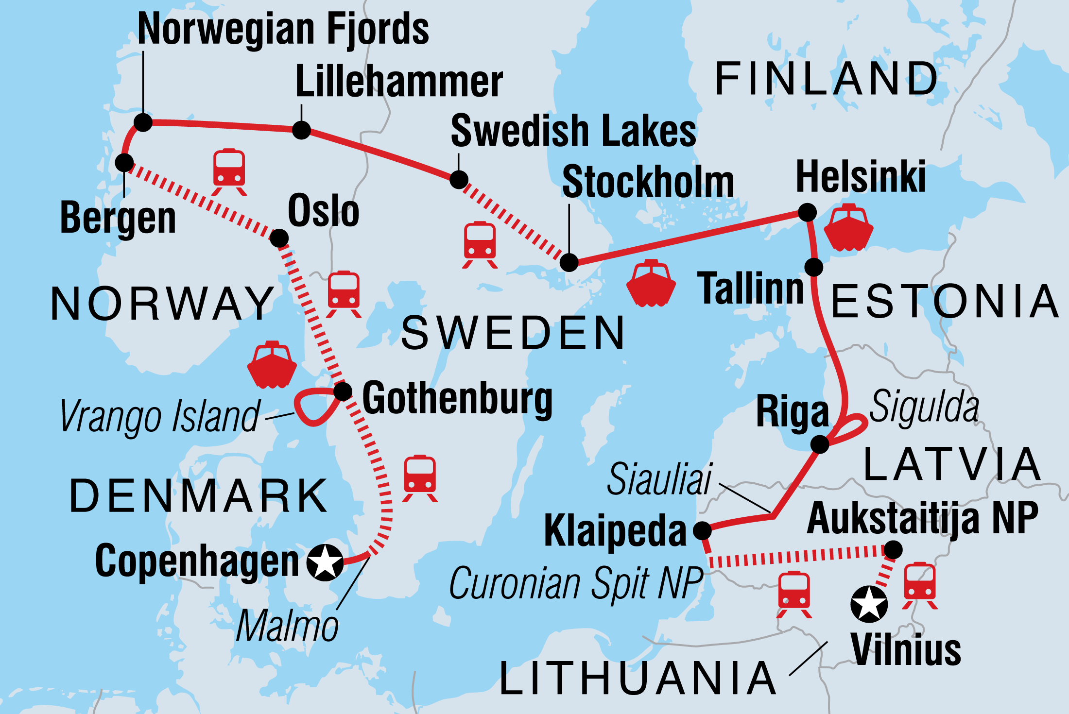 Map of Scandinavia & Baltic Circuit including Denmark, Estonia, Finland, Latvia, Lithuania, Norway and Sweden