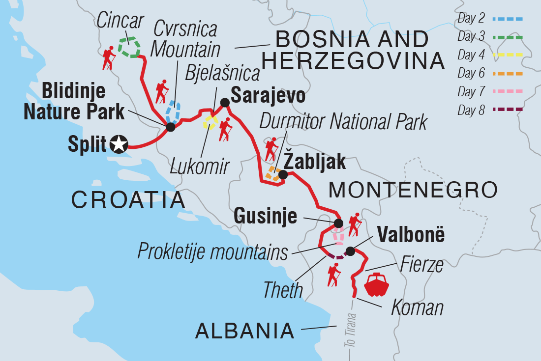 Map of Hiking The Balkans: Via Dinarica including Albania, Bosnia And Herzegovina, Croatia and Montenegro