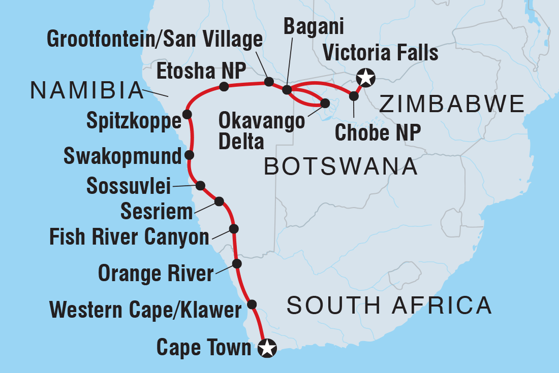 Map of Cape Town To Vic Falls including Botswana, Namibia, South Africa and Zimbabwe