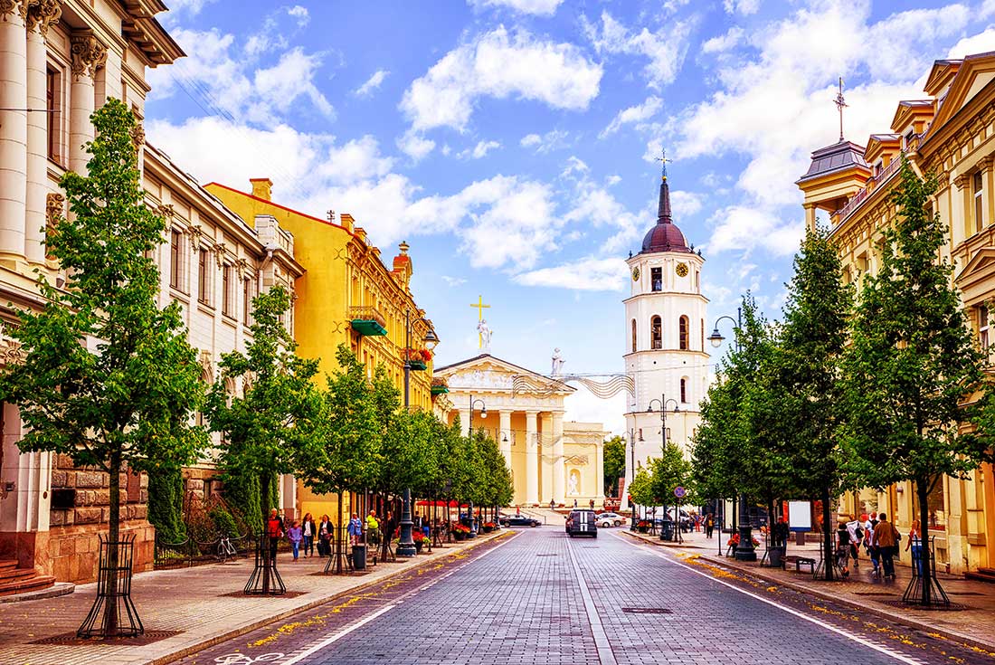 Cathedral square seen from Gediminas Avenue, Vilnius, Lithuania