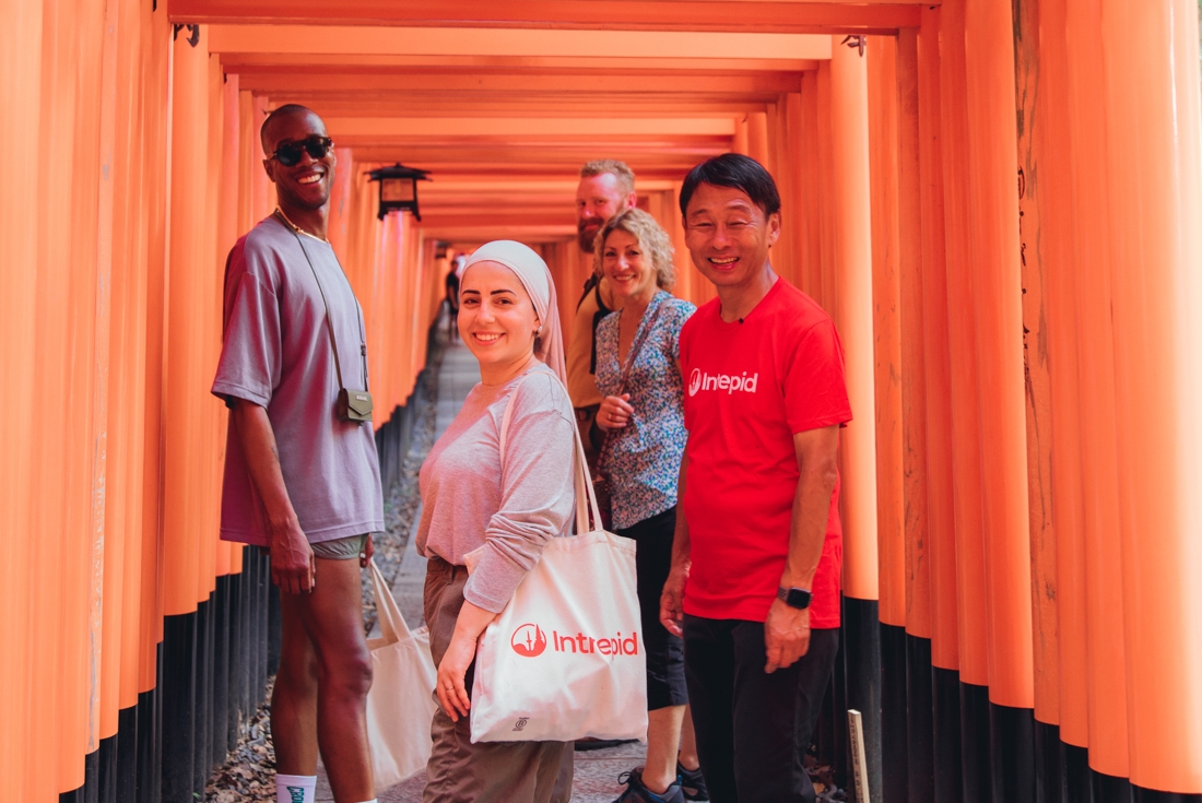 Group of Intrepid travellers and leader walking through the Fushimi Inari gates
