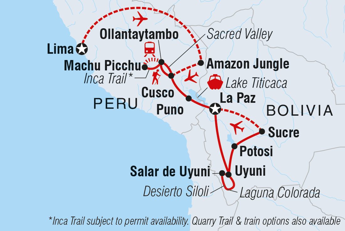 Map of Explore Peru & Bolivia including Bolivia and Peru