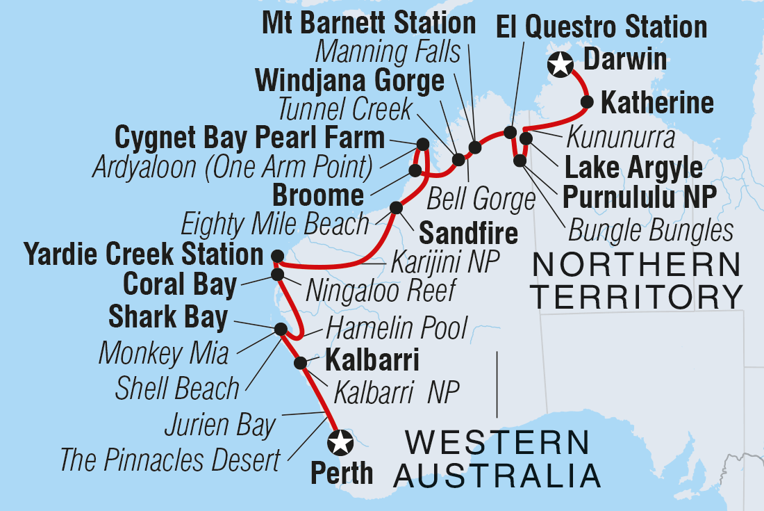 Map of Perth To Darwin Overland including Australia