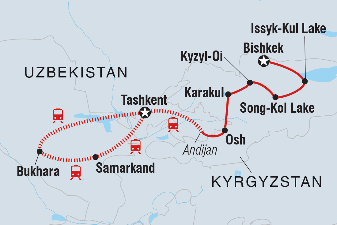 Map of Central Asia Explorer including Kyrgyzstan and Uzbekistan