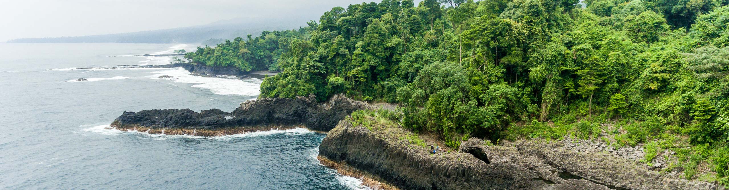 Aerial View of the ocean and jungle in Equatorial Guinea, with waves crashing on the rocks 