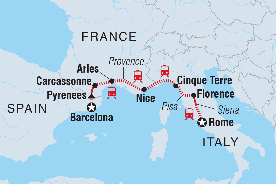 Map of Barcelona To Rome including France, Italy and Spain