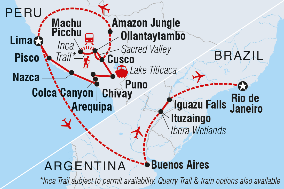 Map of Ultimate Peru, Argentina & Brazil including Argentina, Brazil and Peru