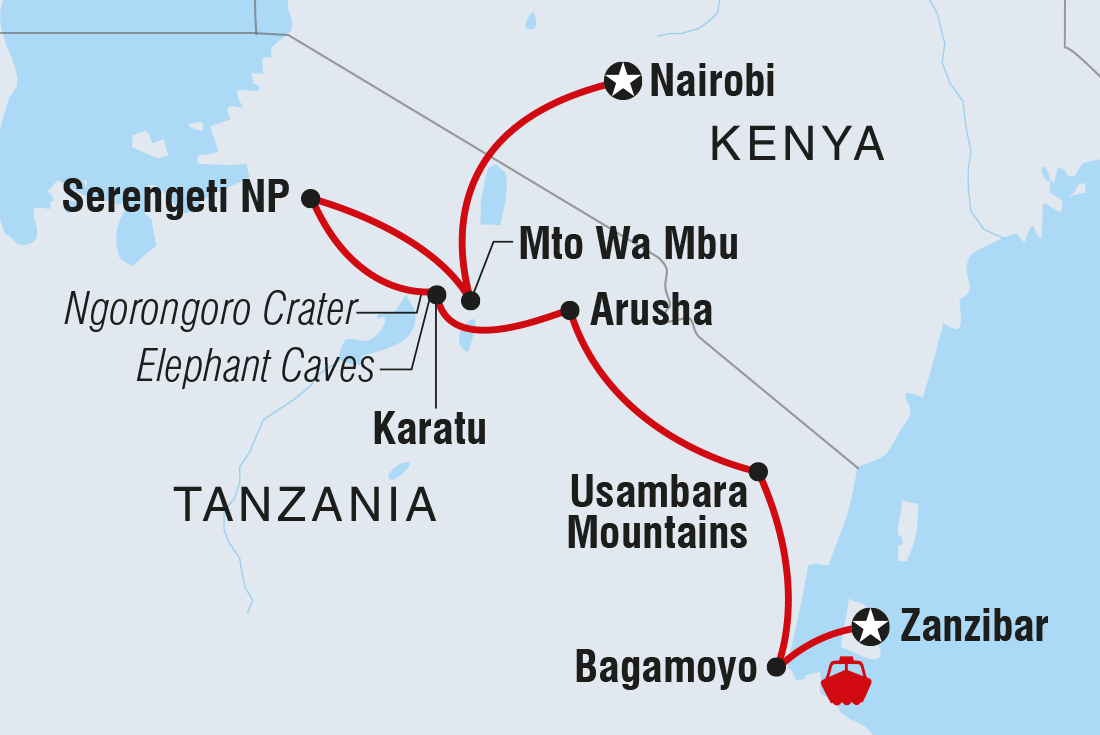 Map of Zanzibar To Nairobi including Kenya and Tanzania, United Republic Of