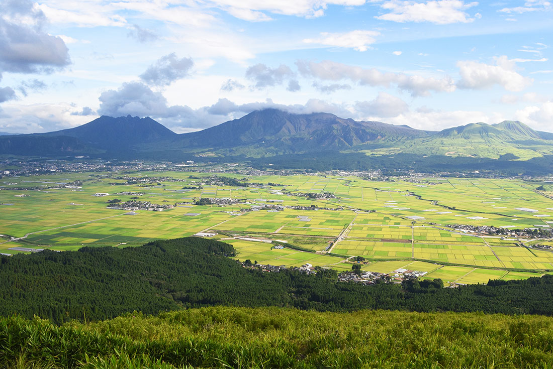 Mt Aso seen from Daikanbo lookout over fields and town