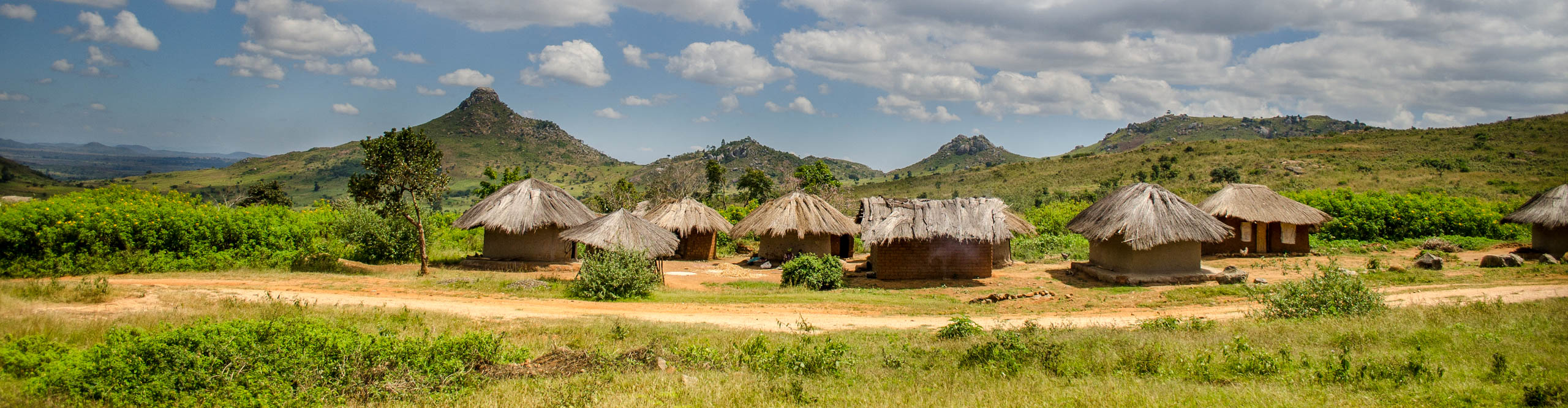 View of the landscape with villages huts of a sunny day in Malawi