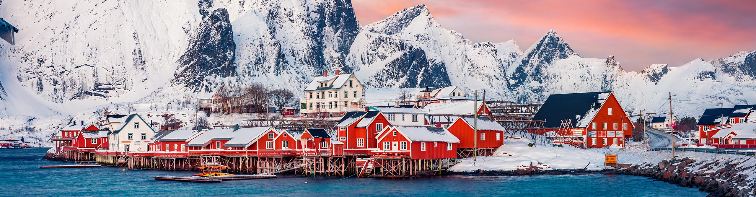 Colorful houses on the shore of Sakirisoy village, Lofoten Islands archipelago, Norwegian sea