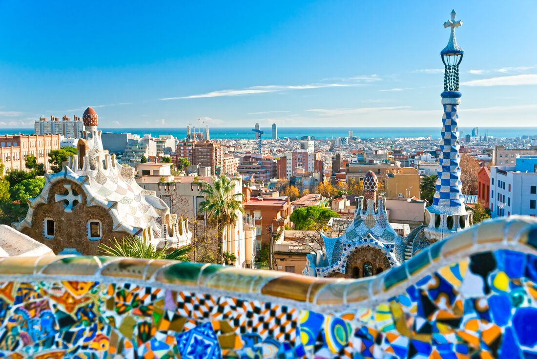 Barcelona, Spain, cityscape seen from one of Gaudi's mosaic-tiled buildings