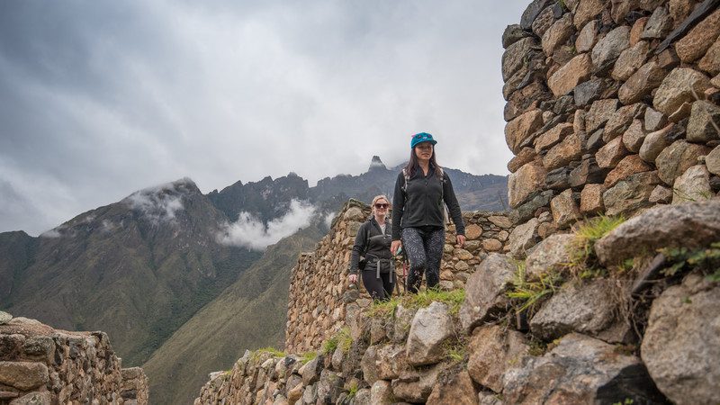 Trekking between ruins on the Inca Trail