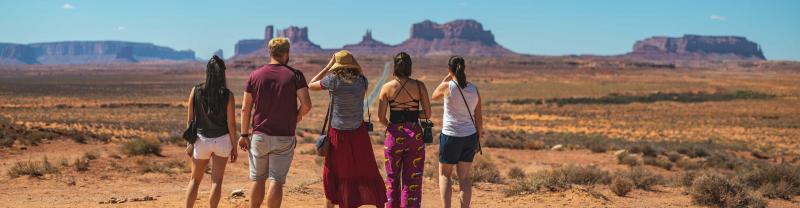 Group of travellers posing in the desert in the United States