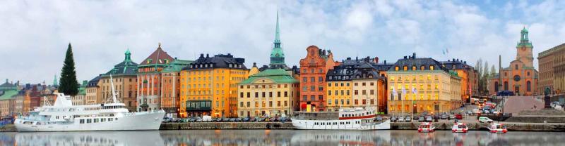 Boats in the harbour of Sweden's Old Town Gamla Stan, Stockholm