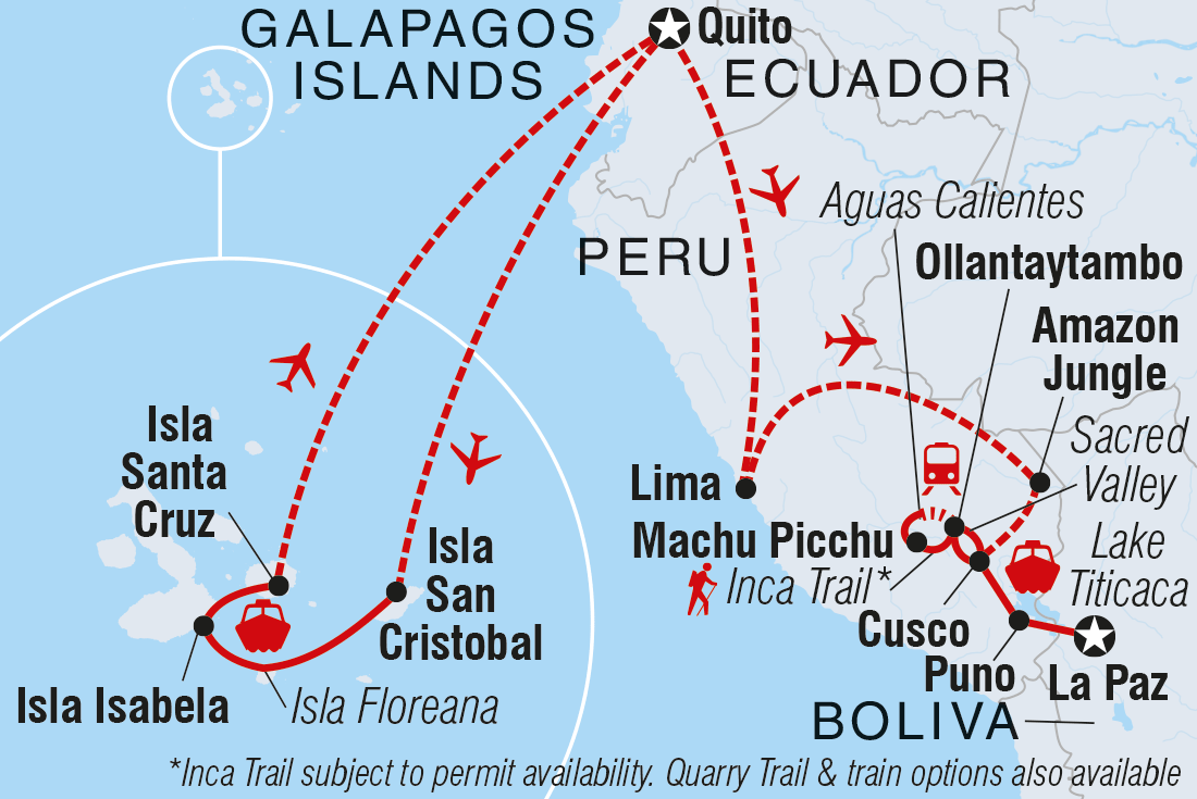 Map of Galapagos & Peru Adventure including Bolivia, Ecuador and Peru