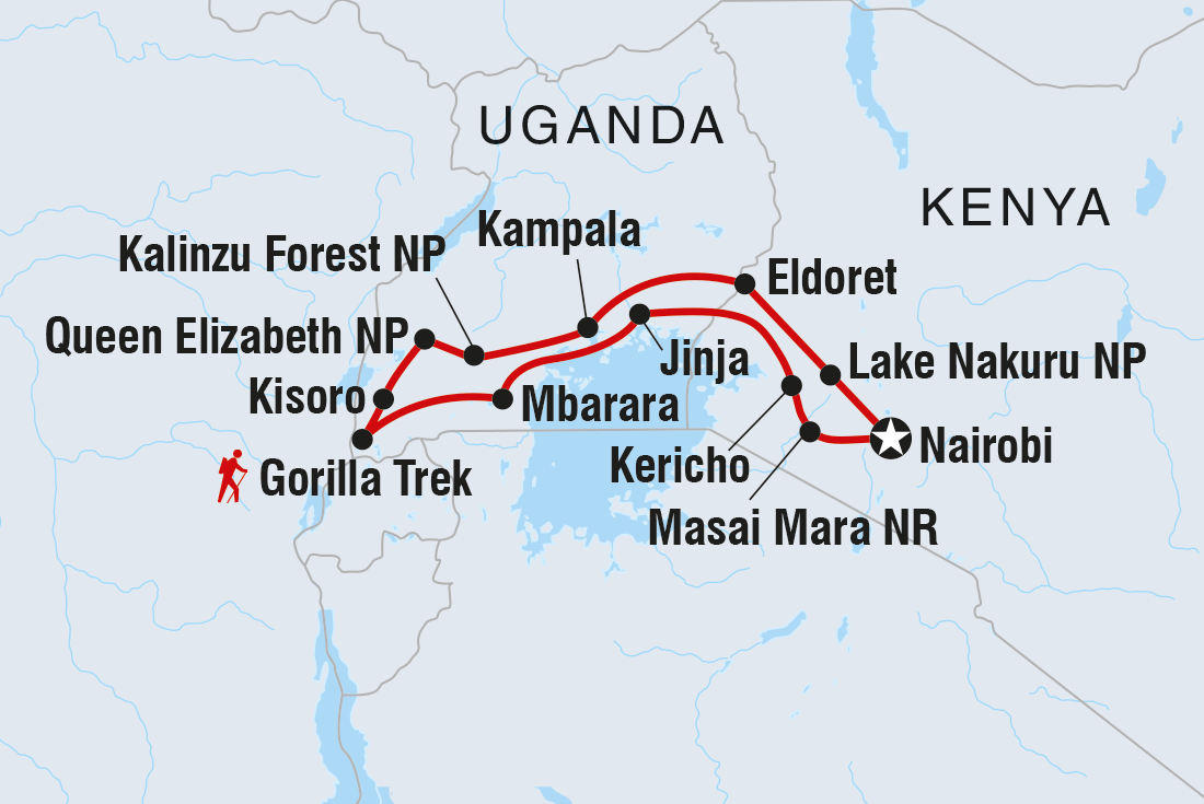 Map of Gorillas & Game Parks including Kenya and Uganda