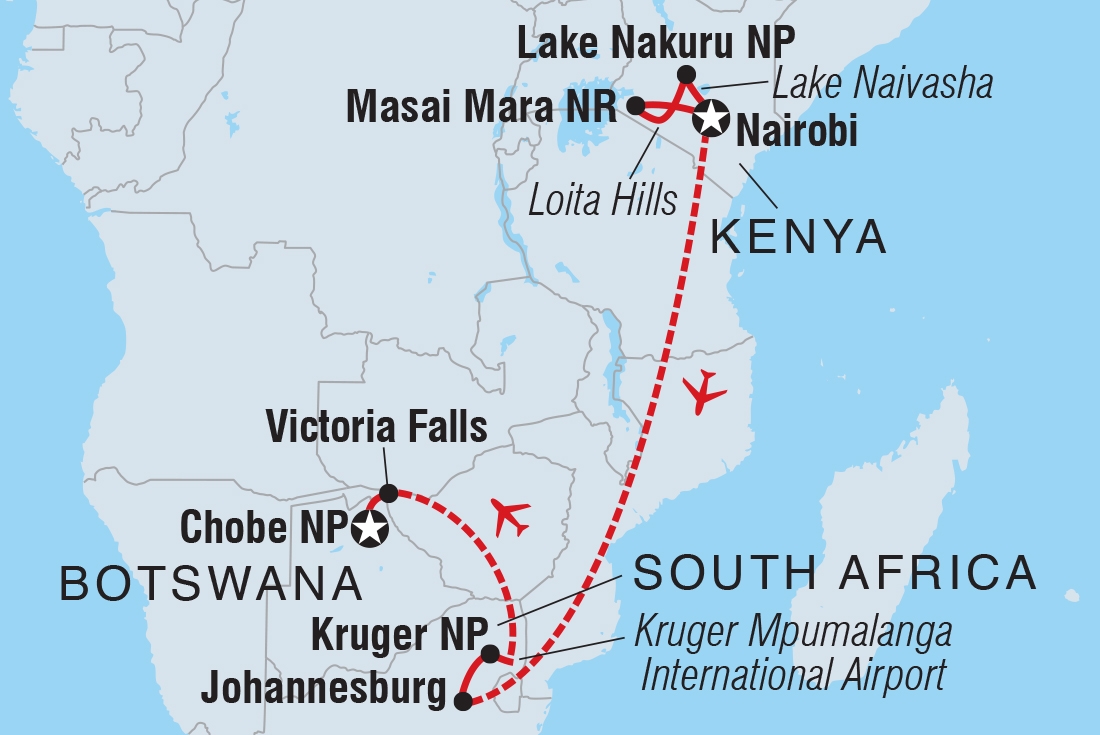 Map of Premium Kenya & Southern Africa Highlights including Botswana, Kenya, South Africa and Zimbabwe