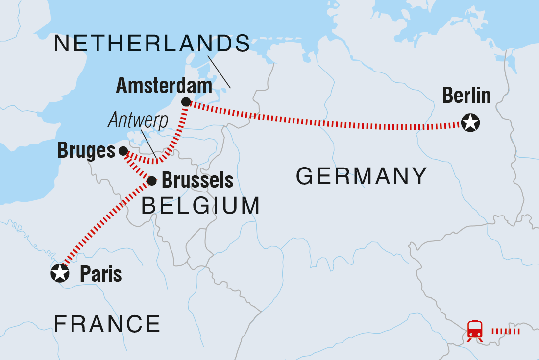 Map of Paris To Berlin including Belgium, France, Germany and Netherlands