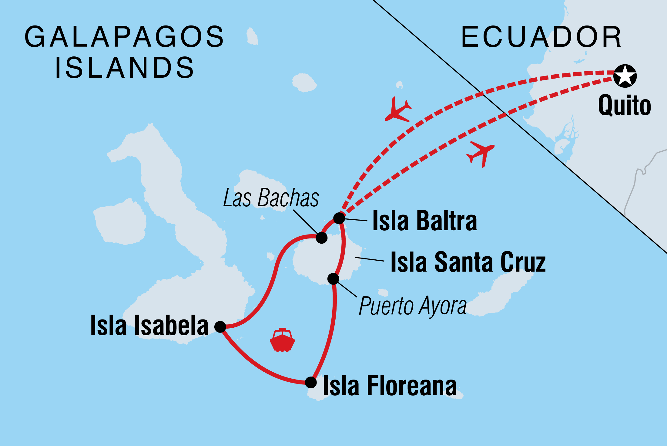 Map of Galapagos Encounter: Southern Islands (Grand Queen Beatriz) including Ecuador
