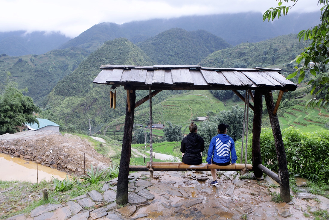 Travellers taking in the sights of the landscape in Sapa, Vietnam on an Intrepid Travel trip.