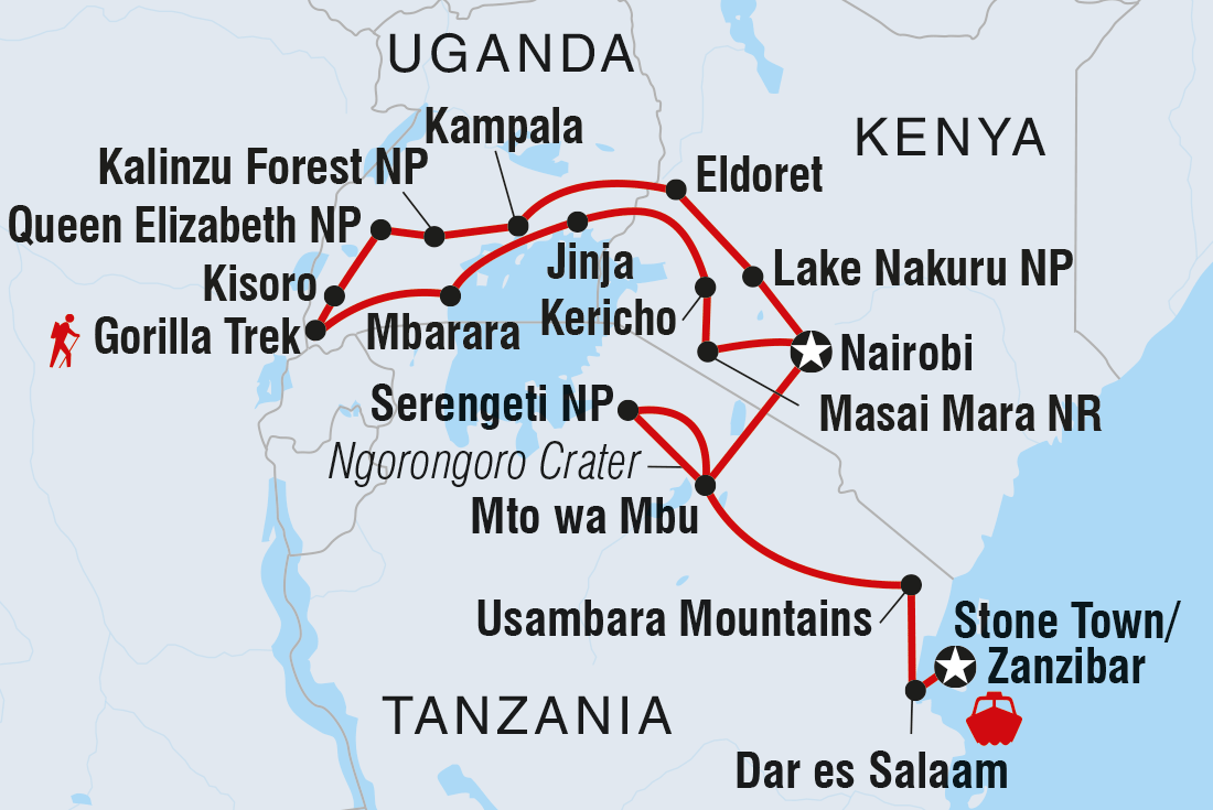 Map of Gorillas, Game Parks & Beaches including Kenya, Tanzania, United Republic Of and Uganda
