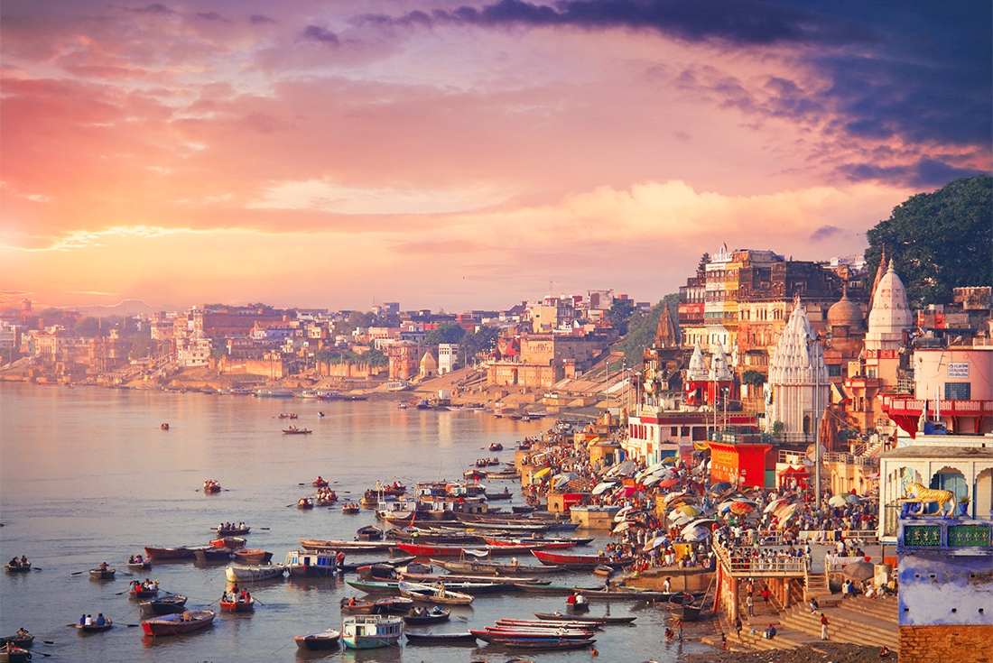 Holy city Varanasi and the river Ganges at sunset.