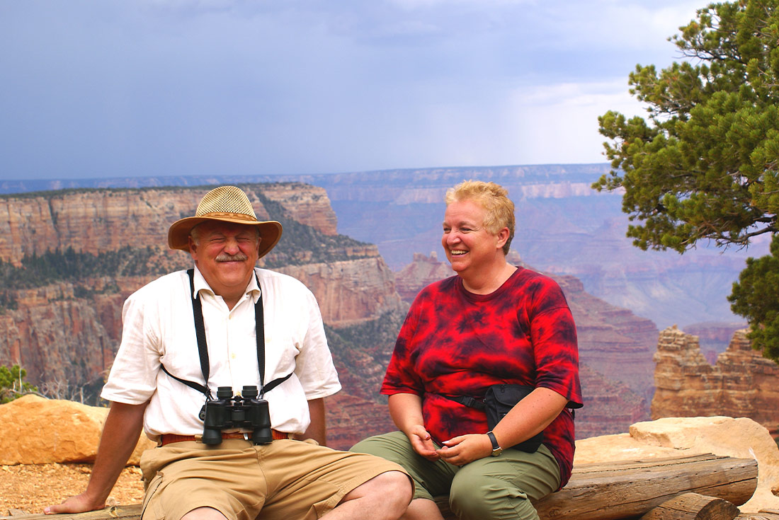 Baby boomers couple having fun in Grand Canyon, North Rim, Arizona, USA