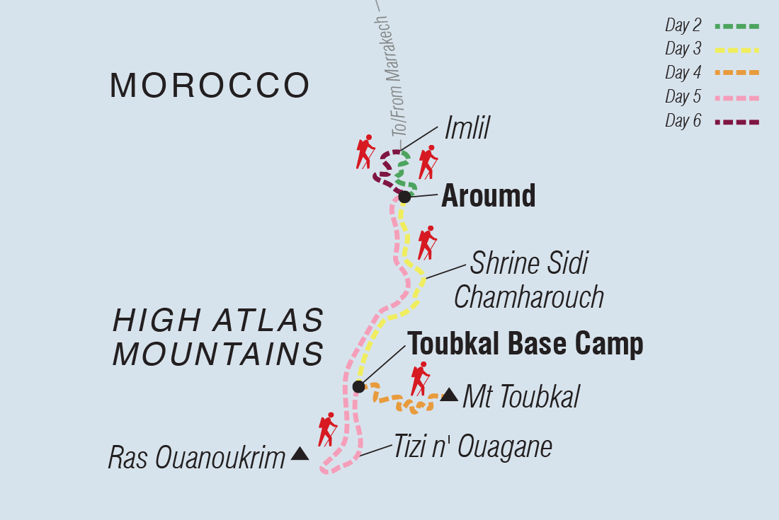 Map of Mount Toubkal Winter Trek including Morocco