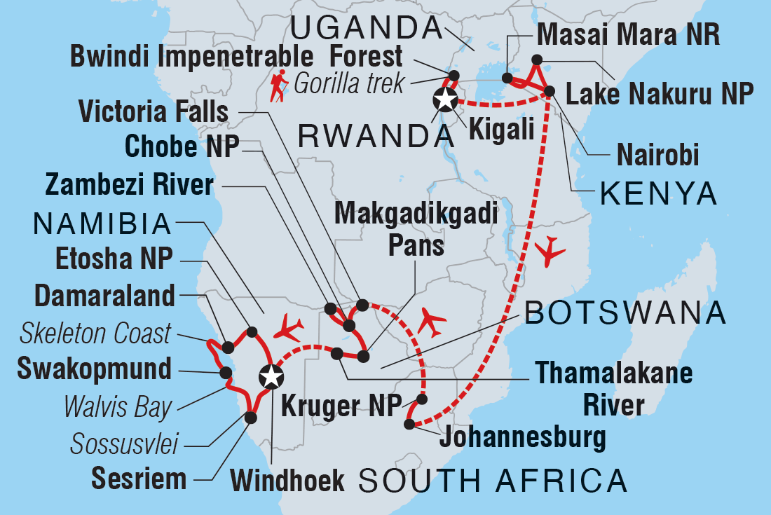 Map of Premium Eastern And Southern Africa including Botswana, Kenya, Namibia, Rwanda, South Africa, Uganda and Zimbabwe