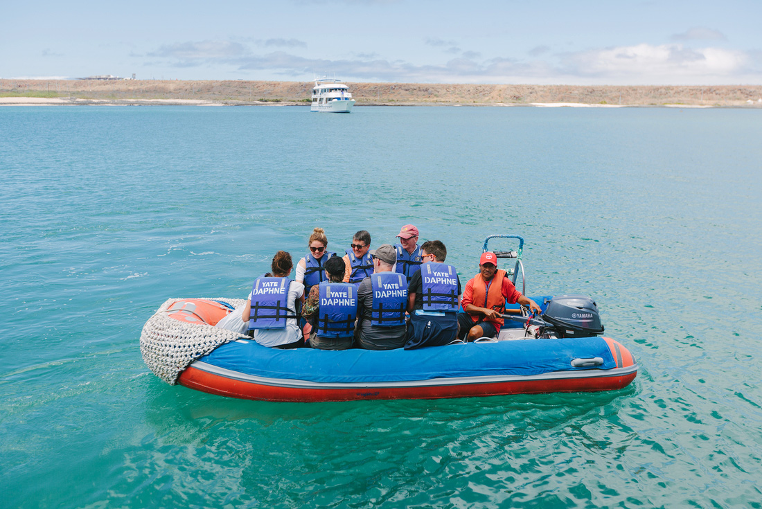 Group crossing ocean on zodiac, Galapagos Islands