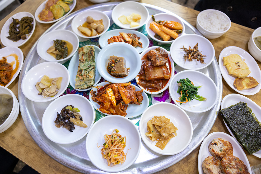 Traditional banchan lunch spread with many small plates in Sunchang, South Korea