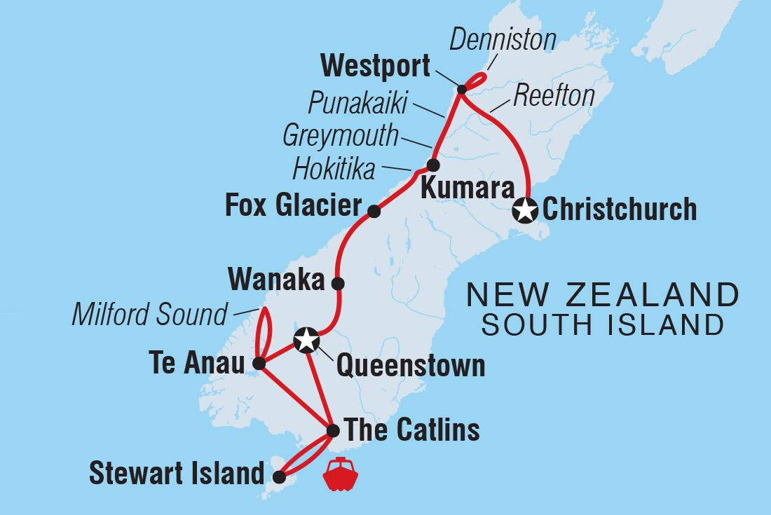 Map of New Zealand South Island Adventure including New Zealand