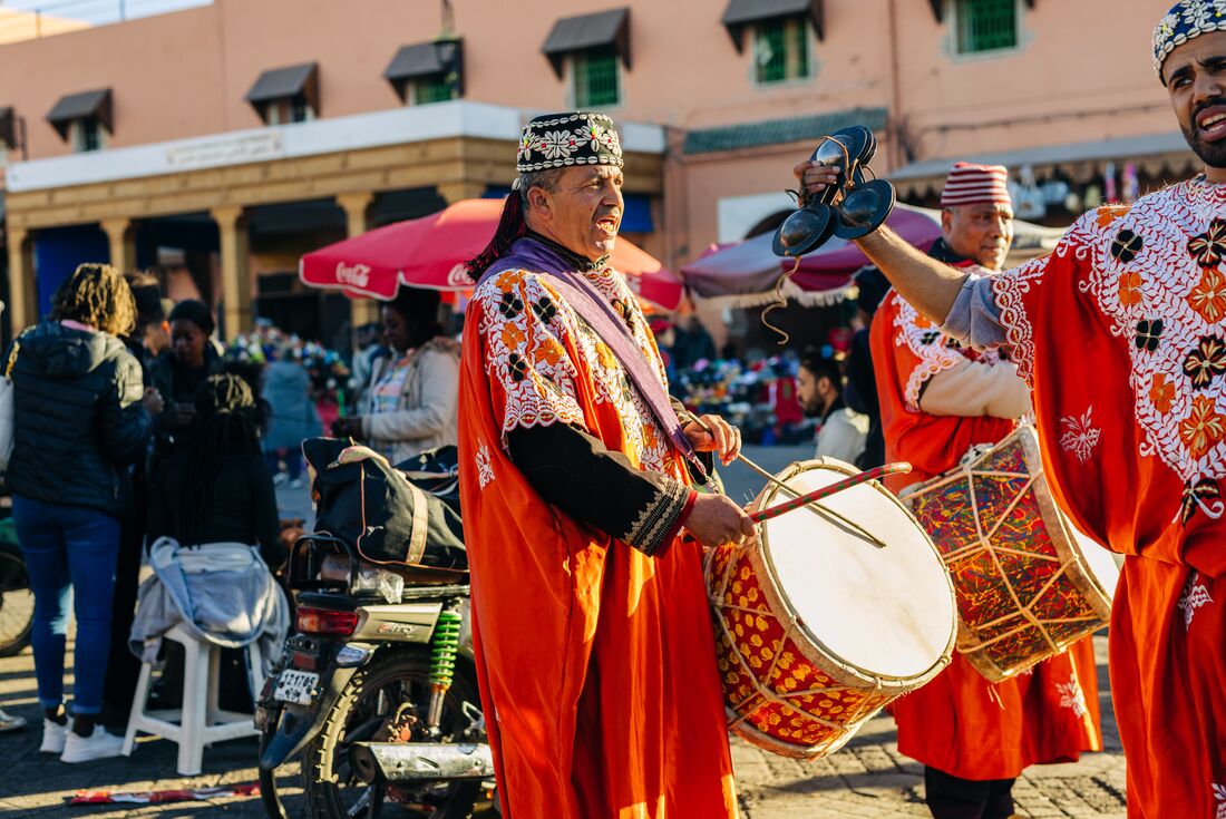 Musicians play traditional music in the streets of Marrakech, Morocco