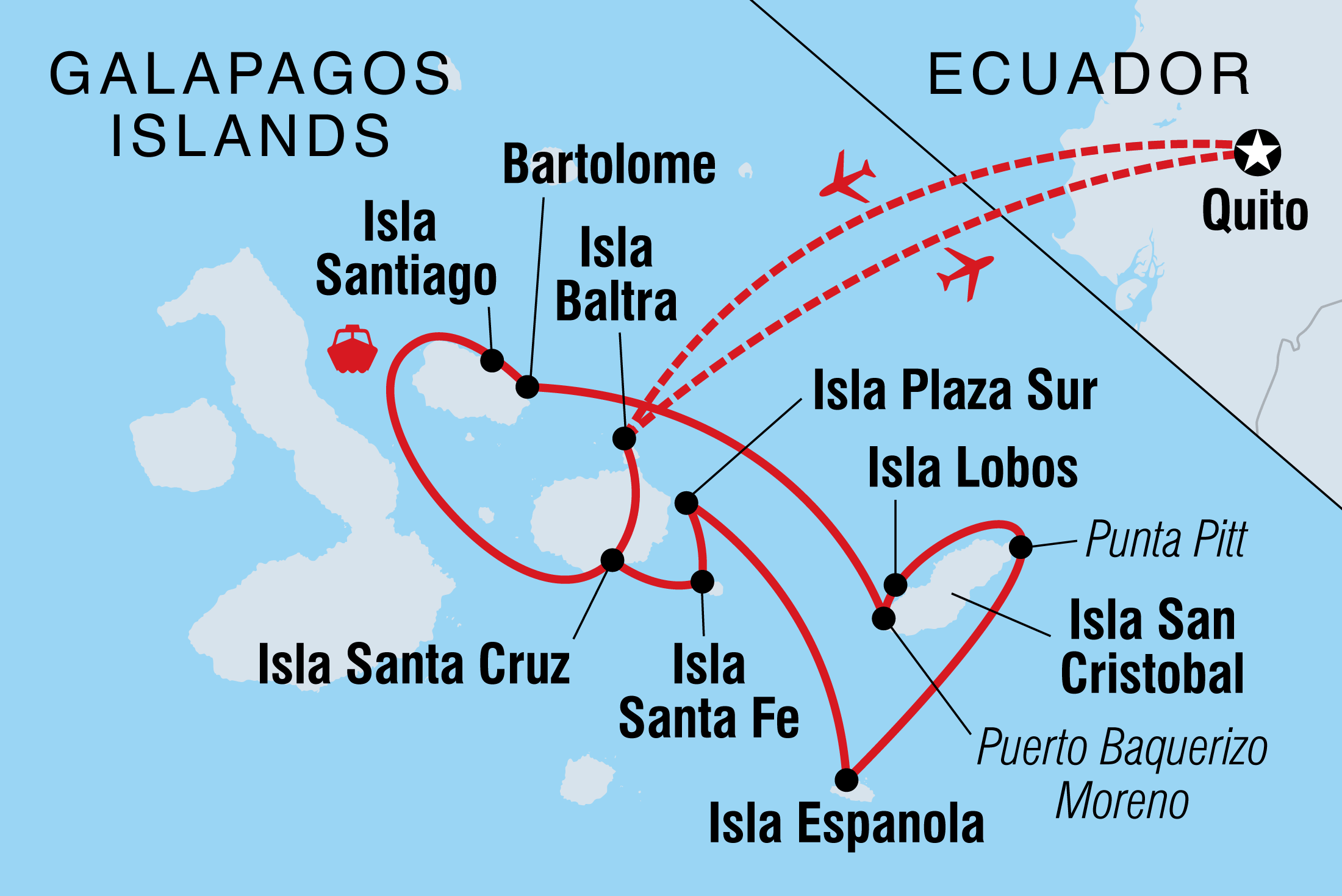 Map of Classic Galapagos: South Eastern Islands (Grand Queen Beatriz) including Ecuador