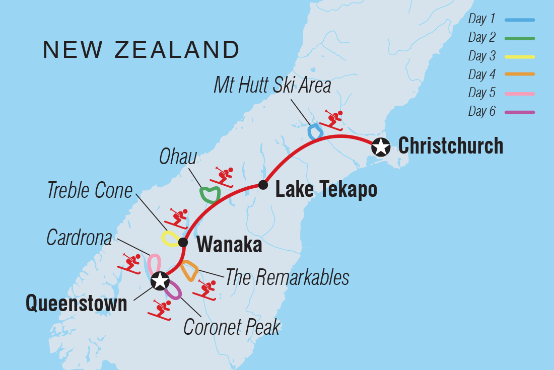 Map of Ski New Zealand: 8 Day South Island Snow Safari (Christchurch To Queenstown) including New Zealand