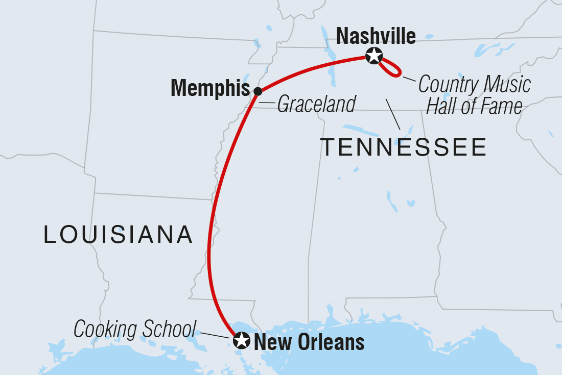 Map of Tennessee Music Trail To New Orleans including United States Of America