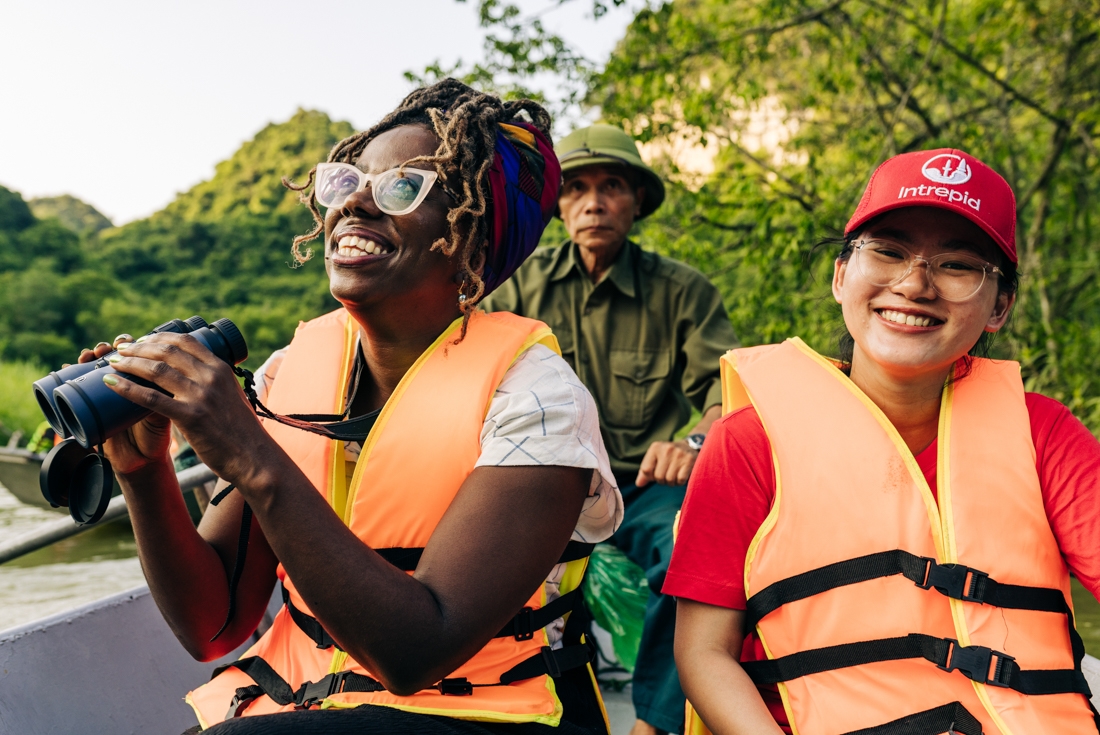 Intrepid traveller and leader on Ninh Binh birdwatching row boat tour