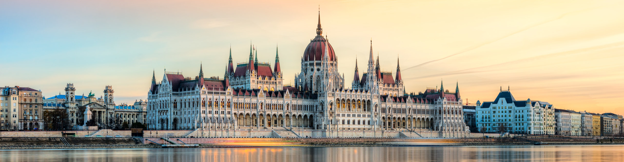 Sunset over the Parliament building in Budapest, Hungary