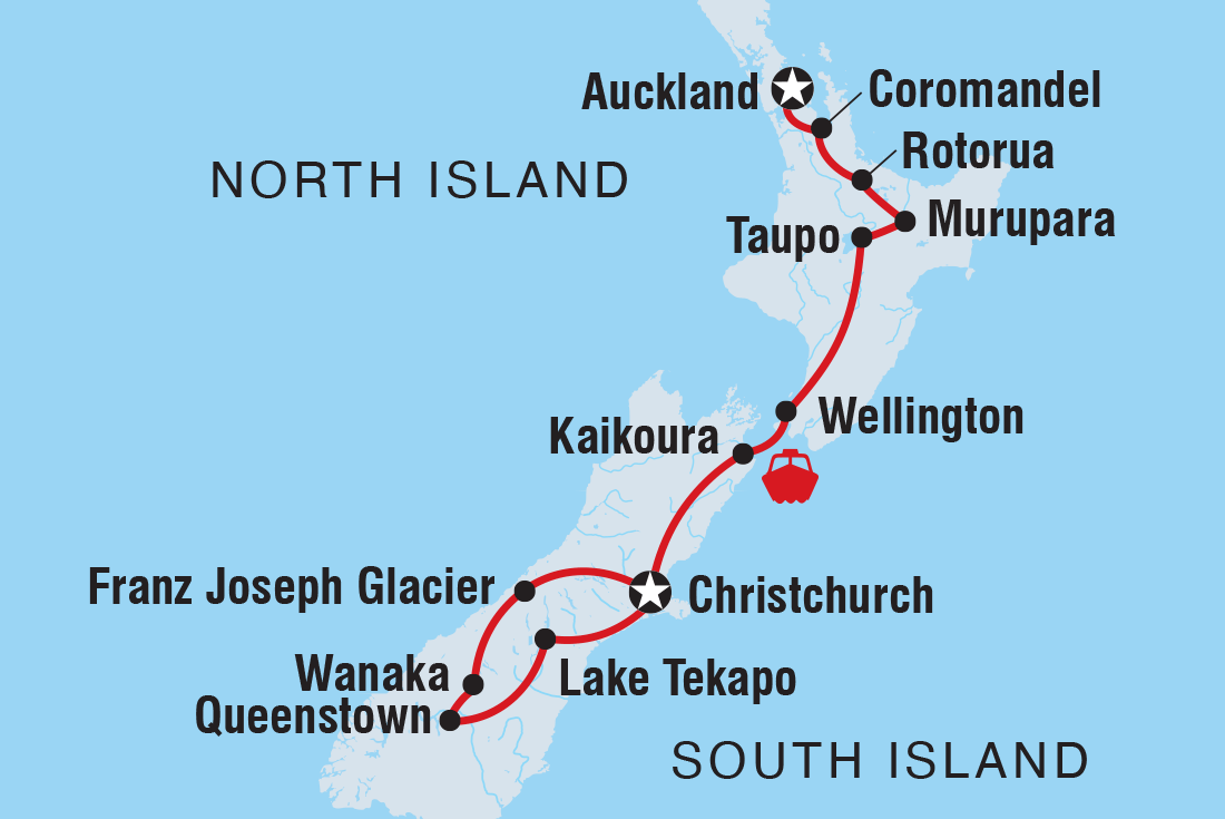 Map of New Zealand Amplified (Northbound) including New Zealand