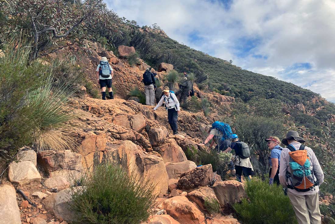 Travellers hiking Tanderra Saddle, Flinders Ranges, Southern Australia